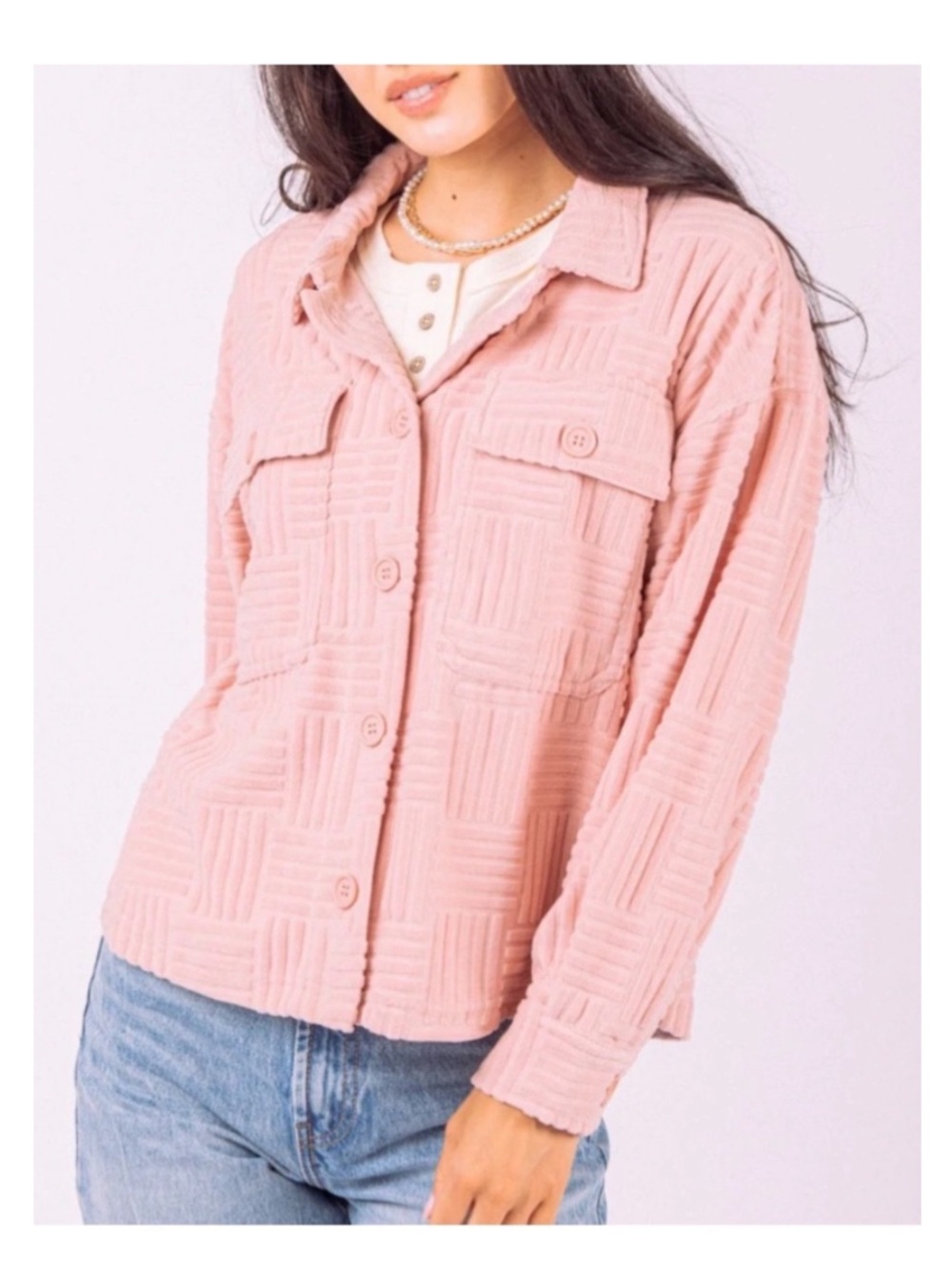 NWT VERY J Embossed Solid Textured Button Down Casual Shacket in Blush